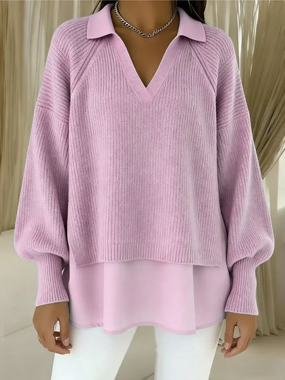 Pull à Manches Longues avec Col en V et Détail de Col pour Femme | Idéal pour la Mi-Saison