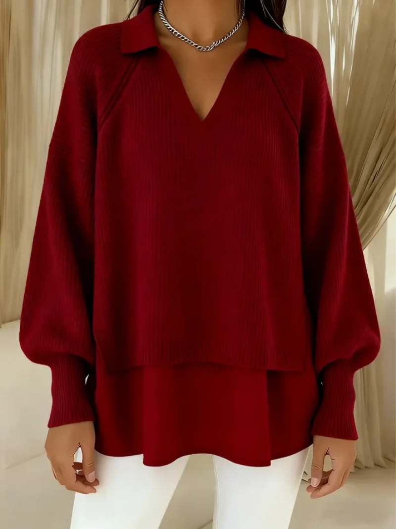 Pull à Manches Longues avec Col en V et Détail de Col pour Femme | Idéal pour la Mi-Saison