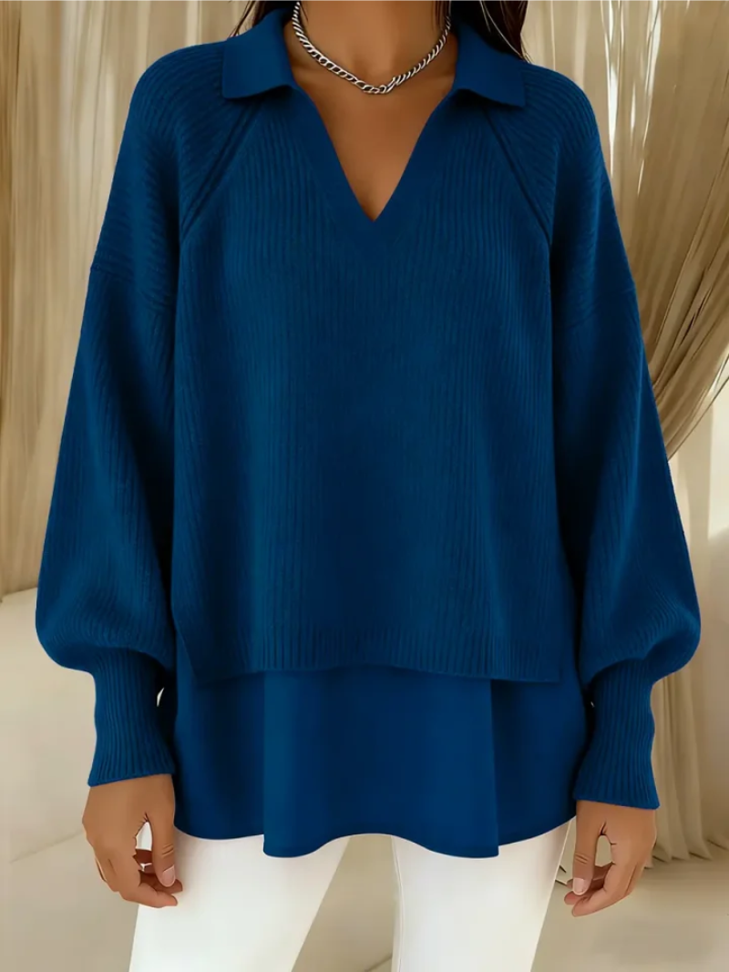 Pull à Manches Longues avec Col en V et Détail de Col pour Femme | Idéal pour la Mi-Saison
