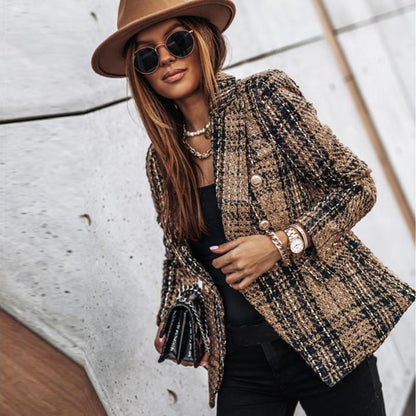 Blazer À Carreaux Camel Et Noir Avec Boutonnage Double Pour Femmes | Idéal Pour Le Travail Et Les Tenues Quotidiennes