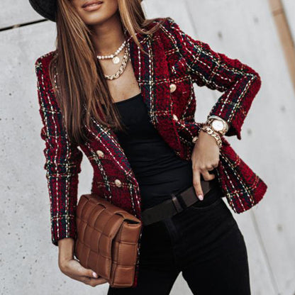 Blazer À Carreaux Camel Et Noir Avec Boutonnage Double Pour Femmes | Idéal Pour Le Travail Et Les Tenues Quotidiennes