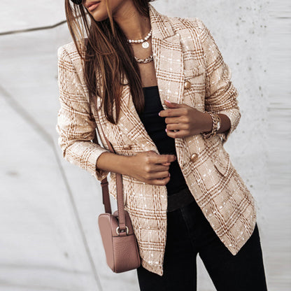 Blazer À Carreaux Camel Et Noir Avec Boutonnage Double Pour Femmes | Idéal Pour Le Travail Et Les Tenues Quotidiennes