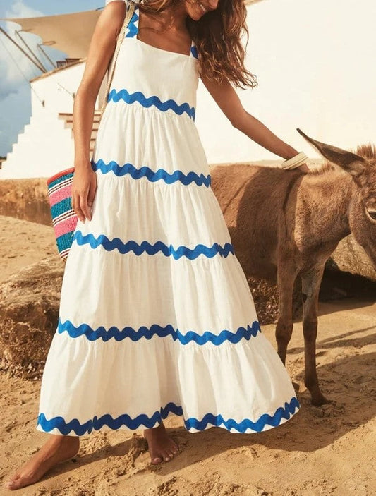 Robe Longue Blanche à Motifs Vagues Bleues pour Femme | Idéale pour les Journées d'Été