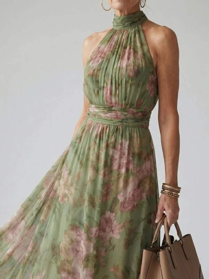 Robe Maxi Sans Manches À Col Montant Avec Imprimé Floral Pour Femme | Idéale Pour L'été
