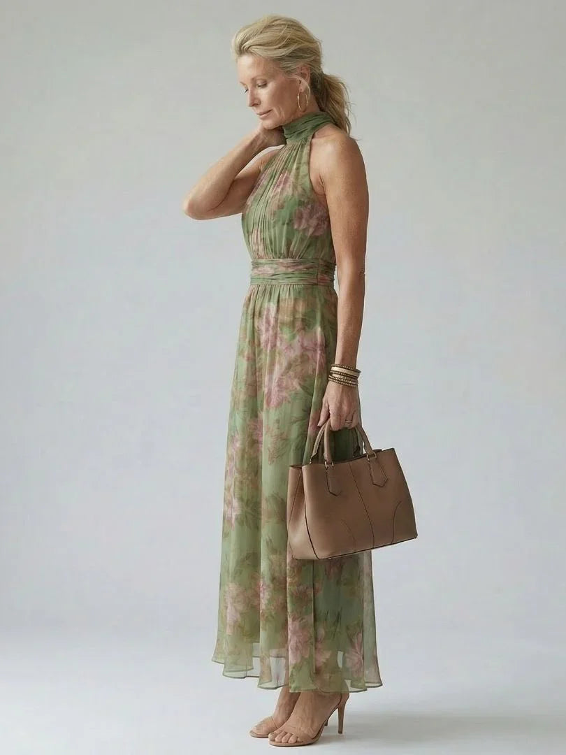 Robe Maxi Sans Manches À Col Montant Avec Imprimé Floral Pour Femme | Idéale Pour L'été