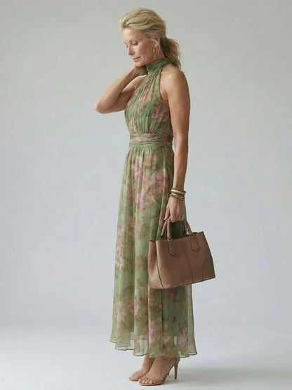 Robe Maxi Sans Manches À Col Montant Avec Imprimé Floral Pour Femme | Idéale Pour L'été