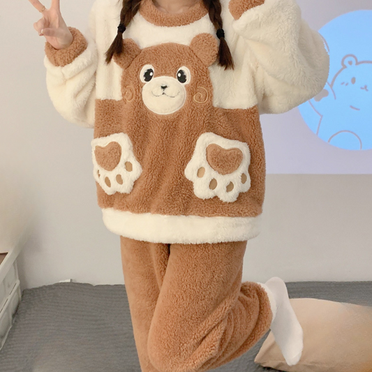 Ensemble De Détente 2 Pièces Marron avec Motif D’Ours pour Femme | Idéal pour Les Soirées À La Maison