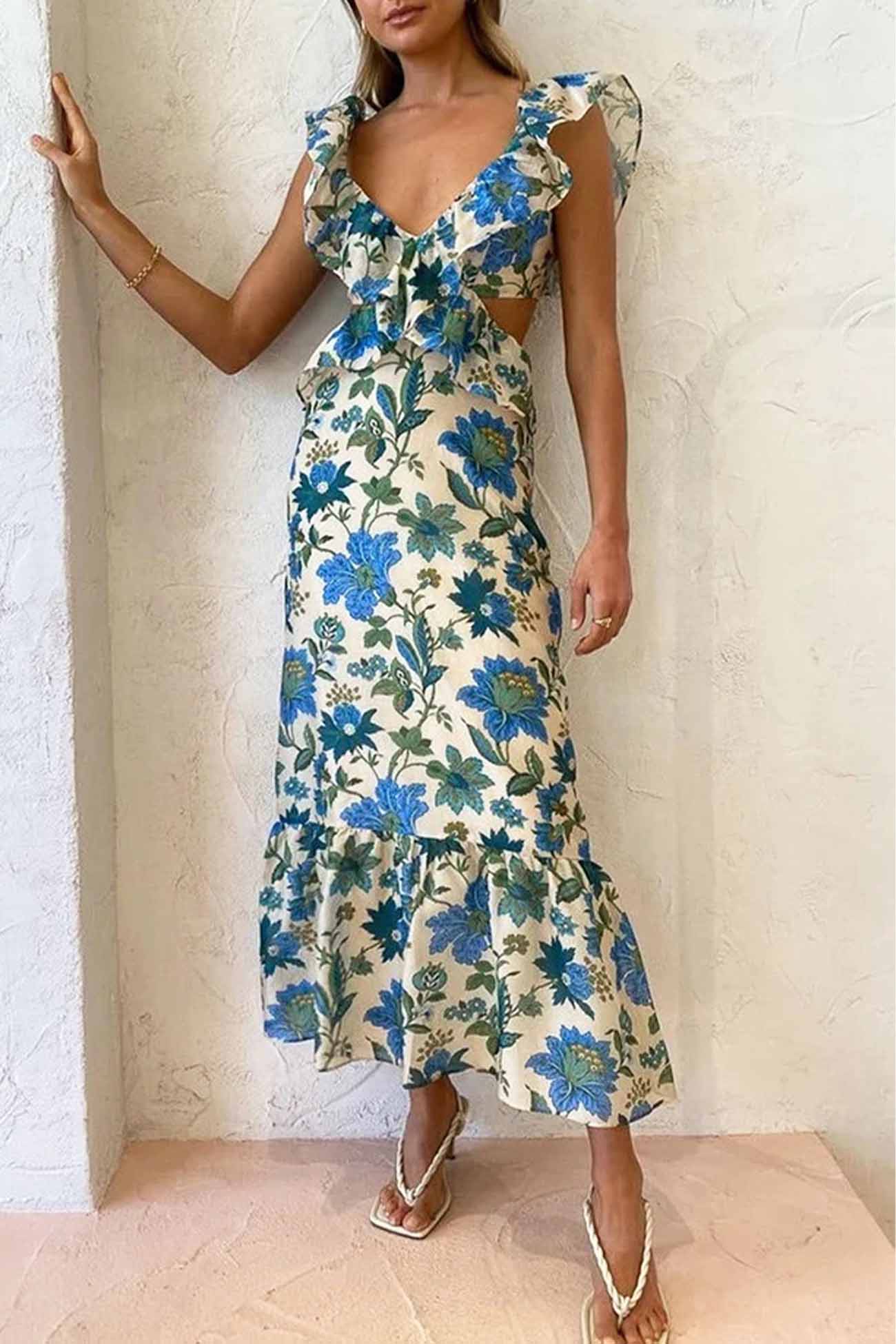 Robe Longue Avec Détails À Volants Et Motif Floral Pour Femme | Idéale Pour Le Jour Et La Soirée