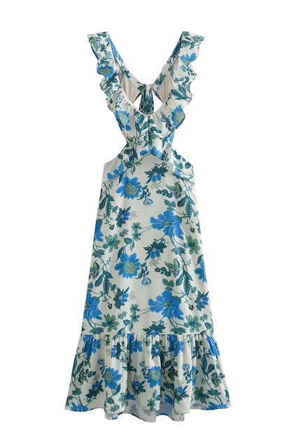 Robe Longue Avec Détails À Volants Et Motif Floral Pour Femme | Idéale Pour Le Jour Et La Soirée