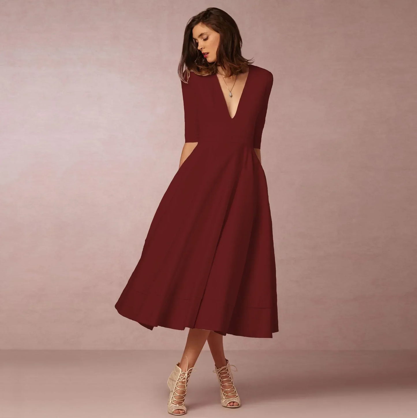 Robe midi à col V pour femmes