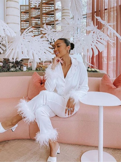 Ensemble Deux Pièces avec Détails À Plumes pour Femmes | Idéal pour Les Soirées Et La Détente