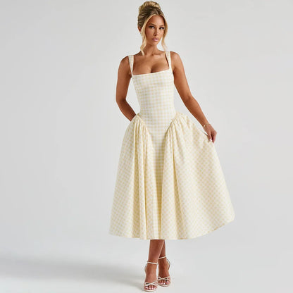 Robe midi bretelles motif vichy pour femmes