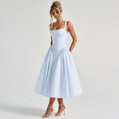 Robe midi bretelles motif vichy pour femmes