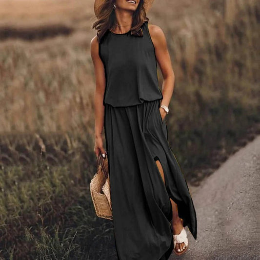 Robe Longue Noire avec Fente Haute pour Femme | Idéale pour les Soirées