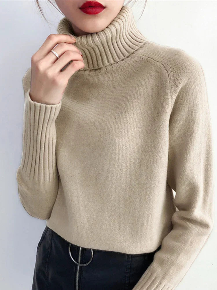 Pull à Manches Longues en Maille Côtelée avec Col Roulé pour Femmes | Idéal pour l’Hiver