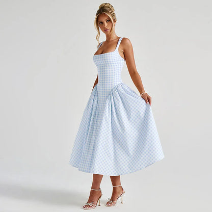 Robe midi bretelles motif vichy pour femmes
