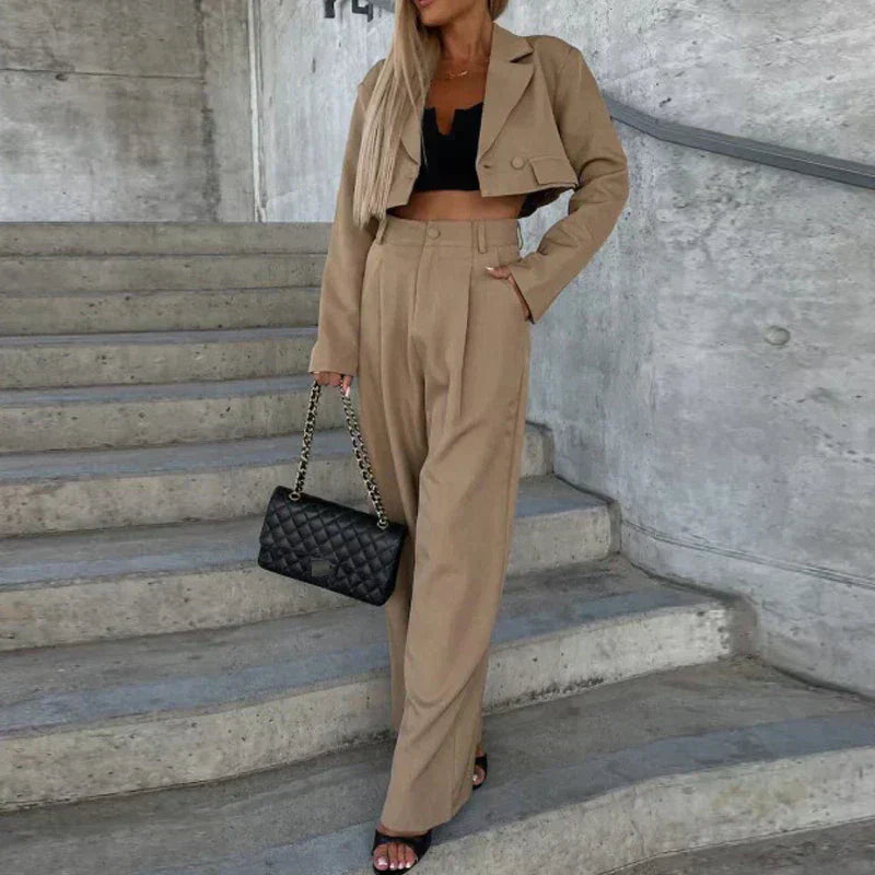 Ensemble Blazer Court À Manches Longues Et Pantalon Taille Haute Pour Femme | Idéal Pour Le Travail Et Les Événements