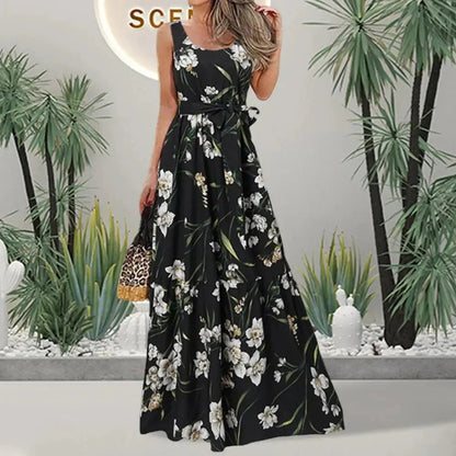Robe Maxi Noire à Motif Floral pour Femme | Idéale pour l'Été