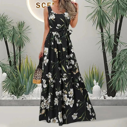 Robe Maxi Noire à Motif Floral pour Femme | Idéale pour l'Été