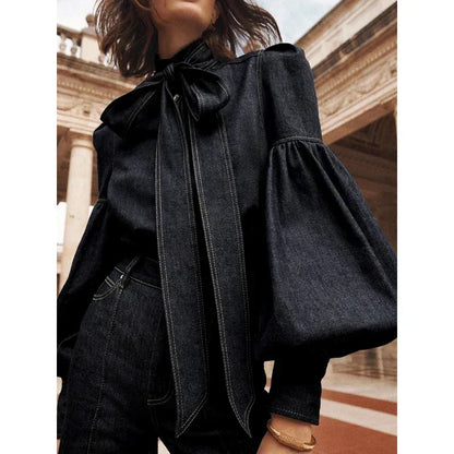 Blouse À Col Haut Avec Nœud Et Manches Bouffantes Pour Femme | Idéale Pour Usage Quotidien Et Saisons Mixtes