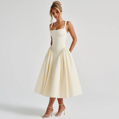 Robe midi bretelles motif vichy pour femmes