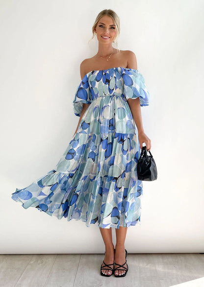 Robe Midi Épaules Dénudées Avec Imprimé Floral Et Buste Smocké Pour Femme | Idéale Pour Les Occasions Et Événements