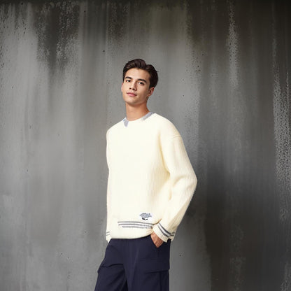 Pull en Maille avec Col Rond et Poignets Côtelés pour Homme | Tenue Décontractée Quotidienne