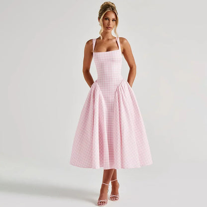 Robe midi bretelles motif vichy pour femmes
