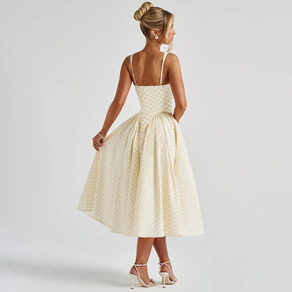 Robe midi bretelles motif vichy pour femmes