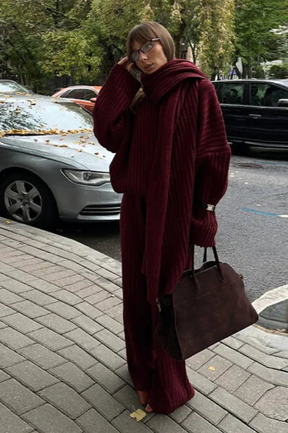 Ensemble En Maille Côtelée avec Pull Col Montant Et Pantalon Large pour Femme | Idéal pour L’Automne Et L’Hiver
