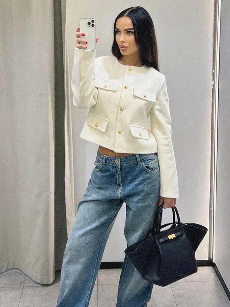 Blazer À Col Rond Avec Coupe Droite Pour Femme | Idéal Pour Le Travail Et Le Quotidien