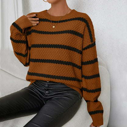 Pull Rayé à Col Rond avec Coupe Ample pour Femmes | Idéal pour Saisons Fraîches