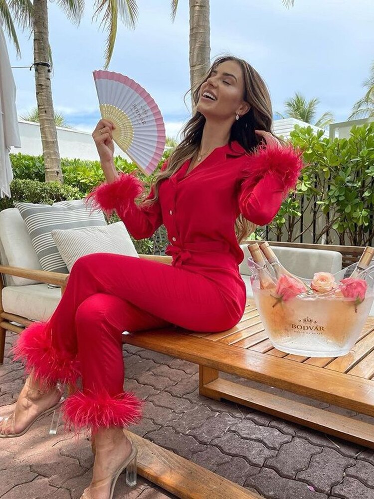 Ensemble Deux Pièces avec Détails À Plumes pour Femmes | Idéal pour Les Soirées Et La Détente