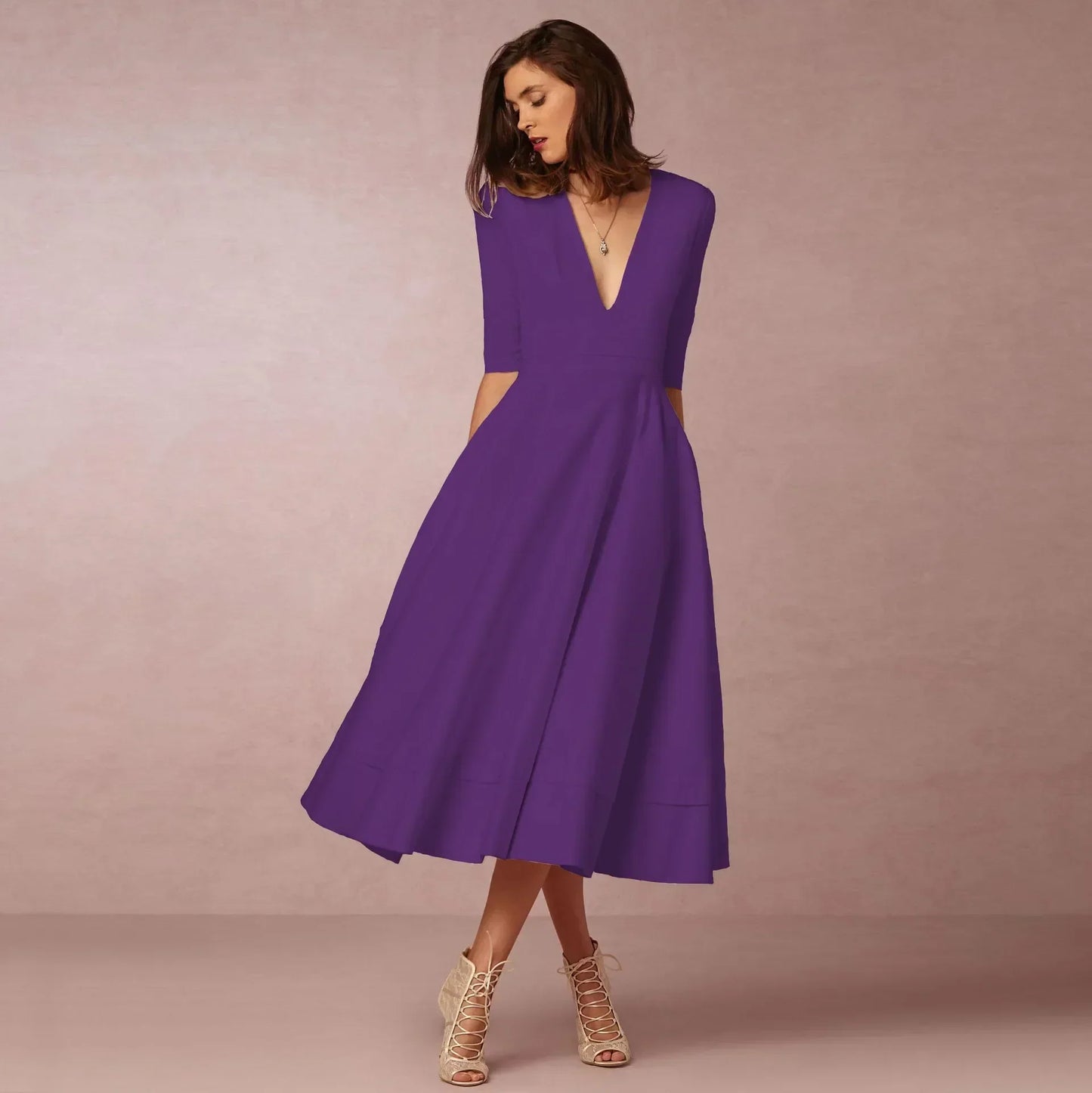 Robe midi à col V pour femmes