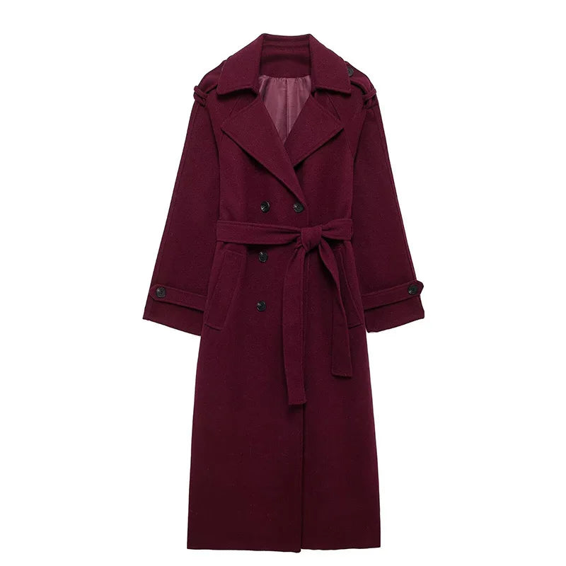 Manteau Long à Col Revers avec Double Boutonnage et Ceinture pour Femme | Idéal pour l’Automne et l’Hiver