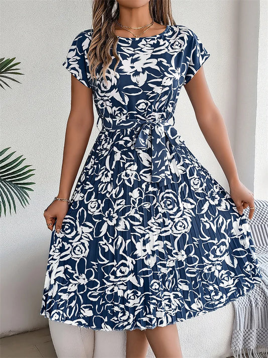 Robe Mi-Longue Plissée à Imprimé Floral avec Ceinture pour Femme | Idéale pour l’Été et les Sorties