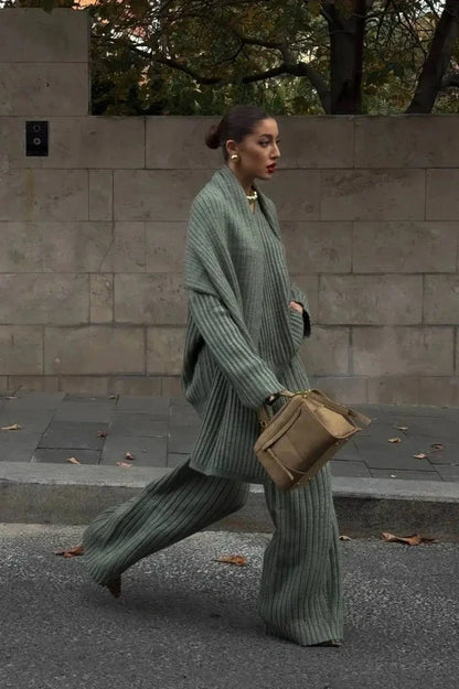 Ensemble En Maille Côtelée avec Pull Col Montant Et Pantalon Large pour Femme | Idéal pour L’Automne Et L’Hiver