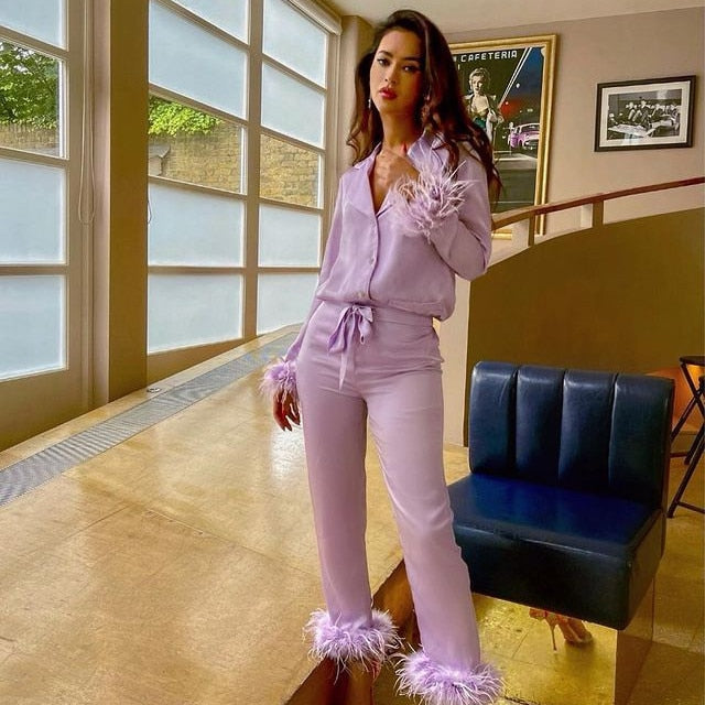 Ensemble Deux Pièces avec Détails À Plumes pour Femmes | Idéal pour Les Soirées Et La Détente