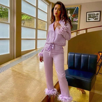 Ensemble Deux Pièces avec Détails À Plumes pour Femmes | Idéal pour Les Soirées Et La Détente