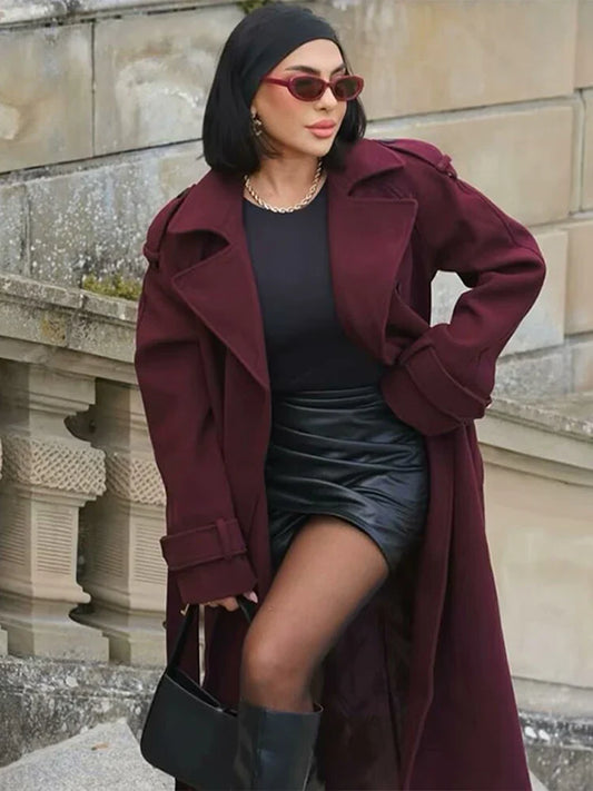 Manteau Long à Col Revers avec Double Boutonnage et Ceinture pour Femme | Idéal pour l’Automne et l’Hiver