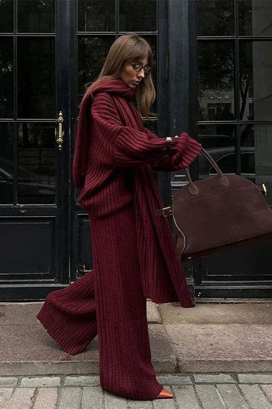 Ensemble En Maille Côtelée avec Pull Col Montant Et Pantalon Large pour Femme | Idéal pour L’Automne Et L’Hiver