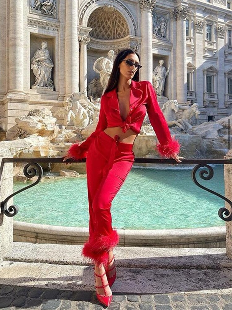 Ensemble Deux Pièces avec Détails À Plumes pour Femmes | Idéal pour Les Soirées Et La Détente