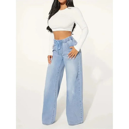 Jean Baggy Femme à Taille Haute avec Cordon Ajustable | Idéal pour un Usage Quotidien