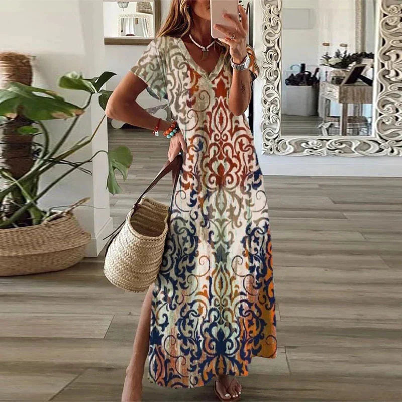 Robe Maxi Imprimée À Col En V Pour Femme | Idéale Pour Les Journées Chaudes Et Les Sorties