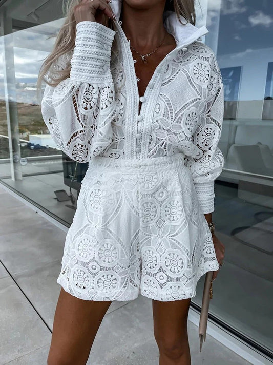Ensemble Deux Pièces avec Blouse à Manches Longues et Short Taille Haute pour Femme | Idéal pour le Printemps et l'Été