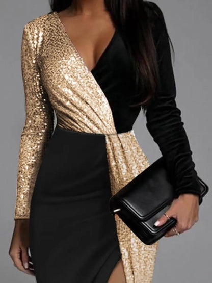 Robe Midi À Sequins avec Col En V Et Fente pour Femme | Idéale pour Les Soirées Et Événements Formels