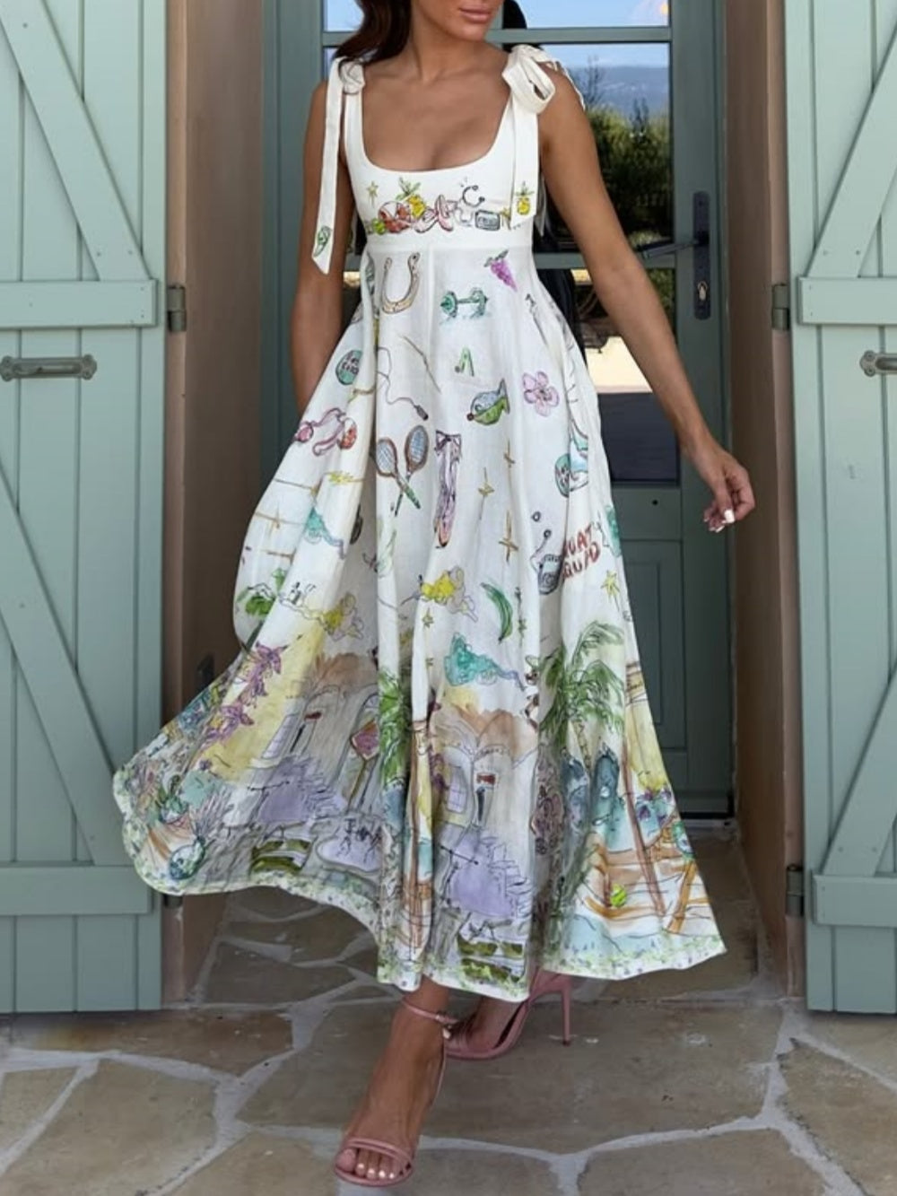 Robe Midi Inspirée Ballet avec Motifs Imprimés et Ceinture à Nouer pour Femme | Idéale pour Événements et Usage Quotidien