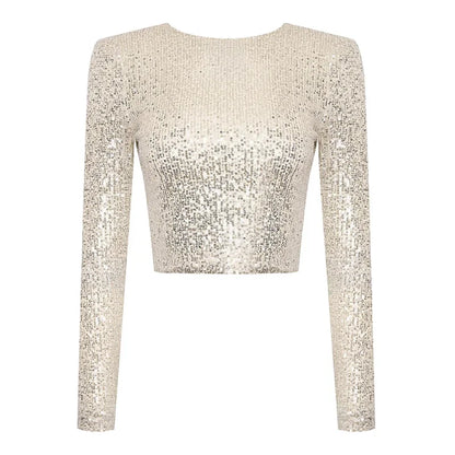 Haut Court à Manches Longues avec Détails à Sequins pour Femme | Idéal pour les Soirées et Sorties