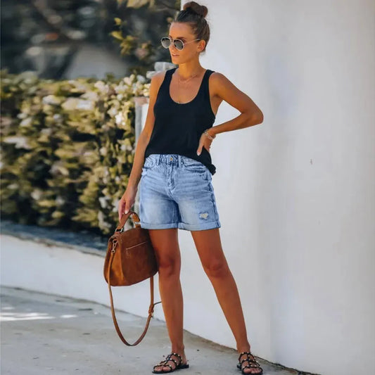Shorts en Jean avec Taille Haute et Ourlet Replié pour Femme | Idéaux pour l’Été et les Sorties Décontractées
