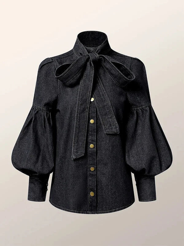 Blouse À Col Haut Avec Nœud Et Manches Bouffantes Pour Femme | Idéale Pour Usage Quotidien Et Saisons Mixtes